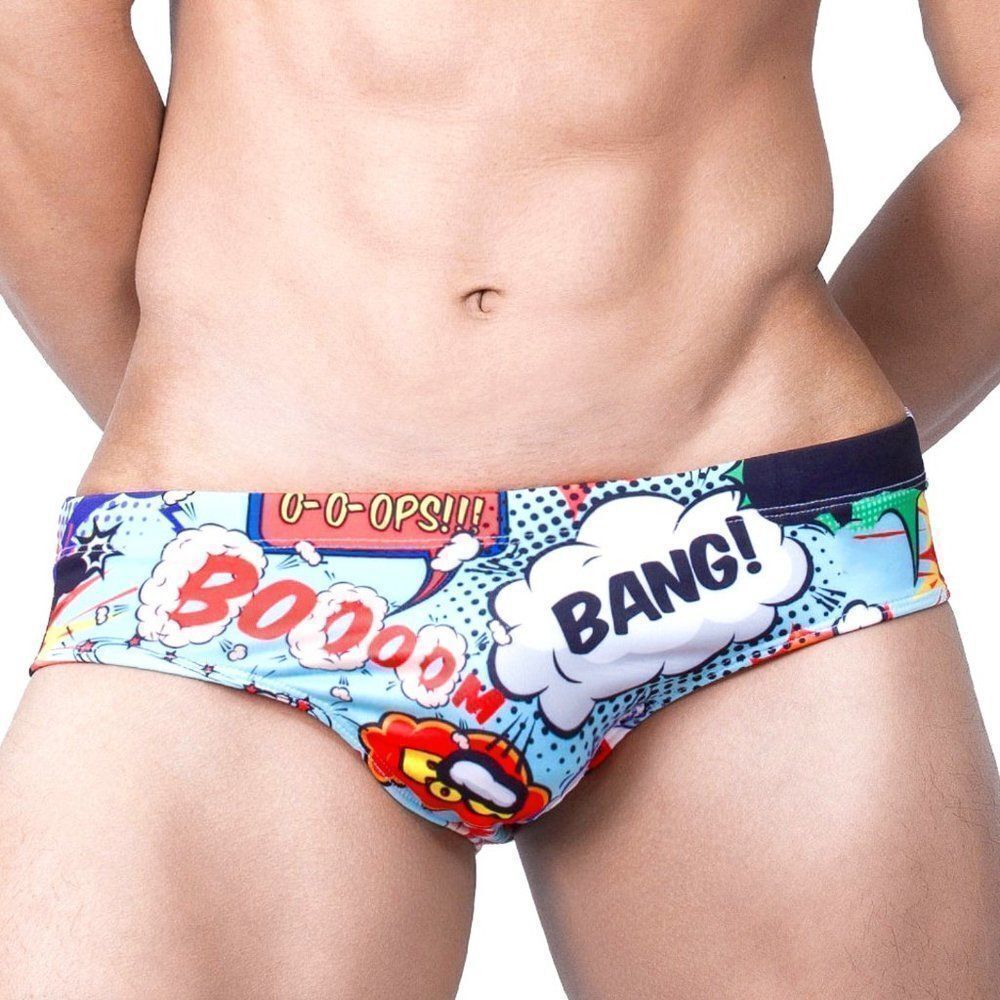 Men's Padded Comic Bang Swim Wear Briefs Push Up Cup Enhancing Size XL - Picture 3 of 10